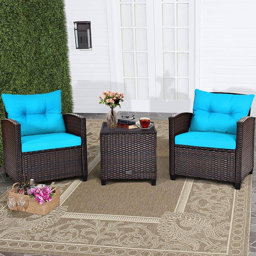 Turquoise Cushioned Rattan 3-Piece Patio Conversation Set