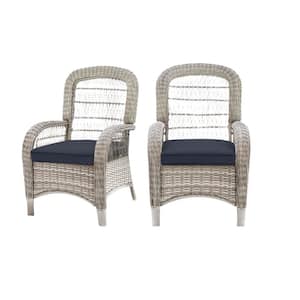 Beacon Park Gray Wicker Outdoor Patio Captain Dining Chair with CushionGuard Sky Blue Cushions (2-Pack)