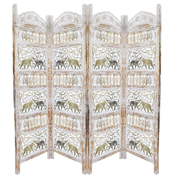 Benzara Classic Gold and White 4-Panel Mango Wood Room Divider with Elephant Carvings