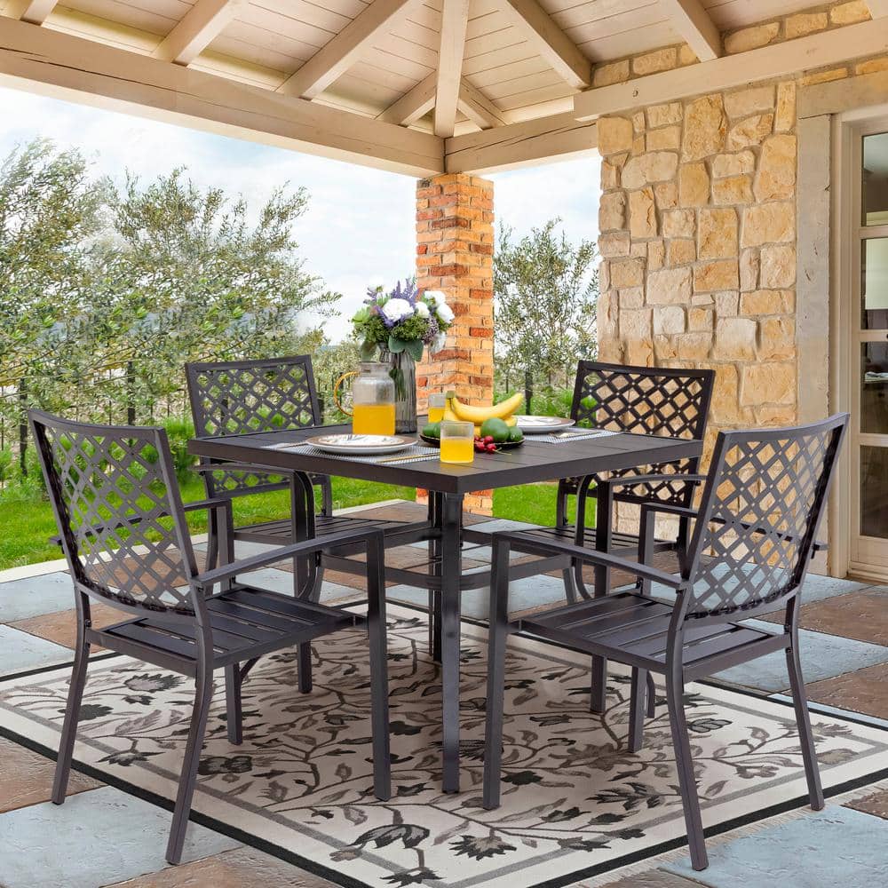 Black Iron Stackable Outdoor Dining Armchairs, Set of 4
