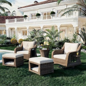 Brown Wicker Patio Swivel 2 Outdoor Rocking Chairs with Beige Cushions and Ottomans, and Retractable Side Tray