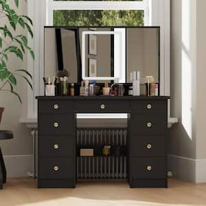 Black Modern Makeup Vanity Desk 9-Drawers Wood Dressing Table with 3 Mirrors, Hidden Storage Shelves, LED Lighted Lights