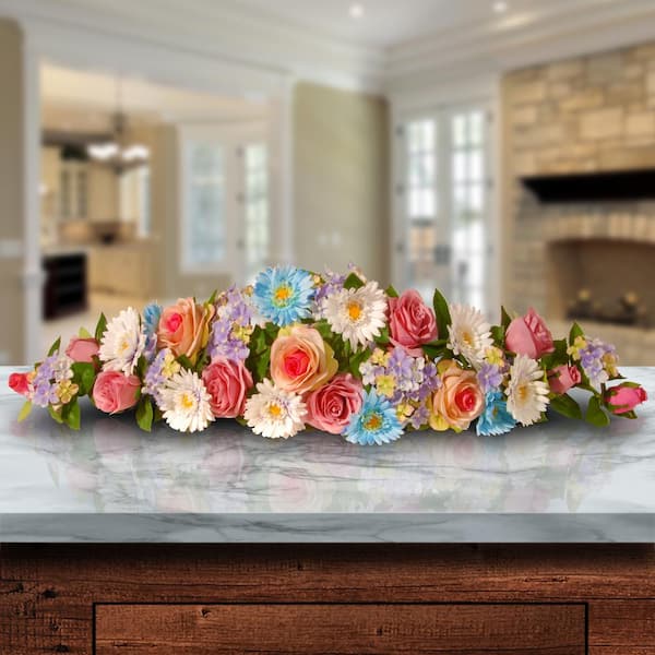 National Tree Company 32.5 in. Rose, Gerbera and Hydrangea Swag in Blue/Pink