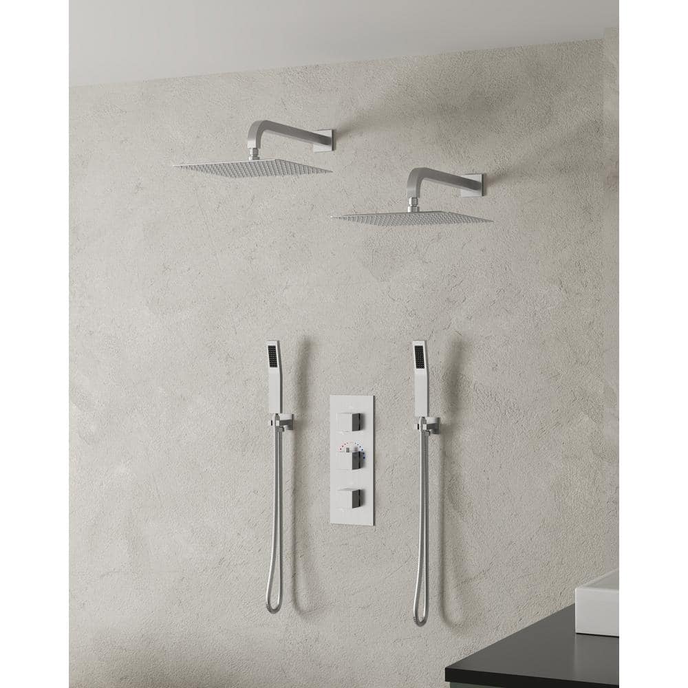 EVERSTEIN 8-Spray Patterns Wall Mount Two 12 in. Fixed Shower Head with Handheld with Two Curved Flat Handheld Shower Head