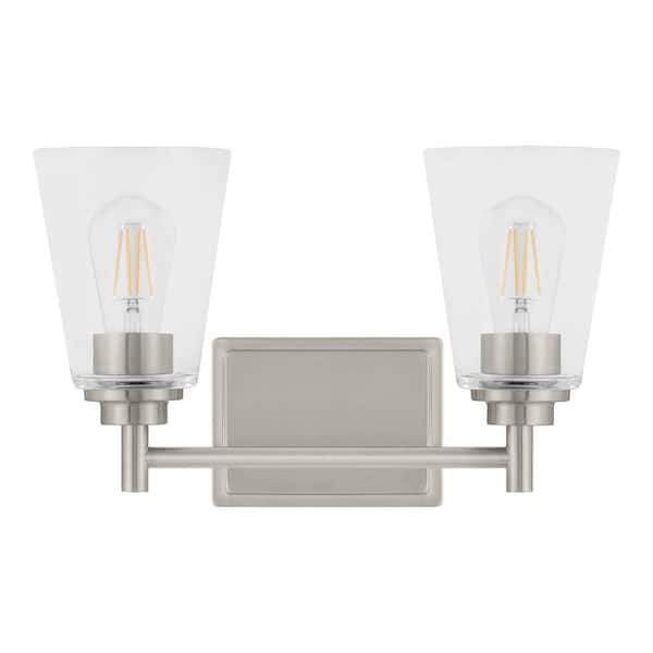 Hampton Bay Wakefield 15 in. 2-Light Brushed Nickel Modern Vanity Light with Clear Glass Shades