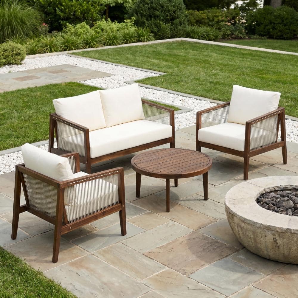4-Piece Acacia Wood Outdoor Conversation Sofa Set with Beige Cushions for Patio price history on PriceWatchPro
