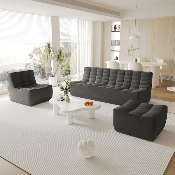 J&E Home 82.68 in. Armless 3-piece Linen Polyester Modular Free Combination Lazy Sectional Sofa in. Black with Ottoman