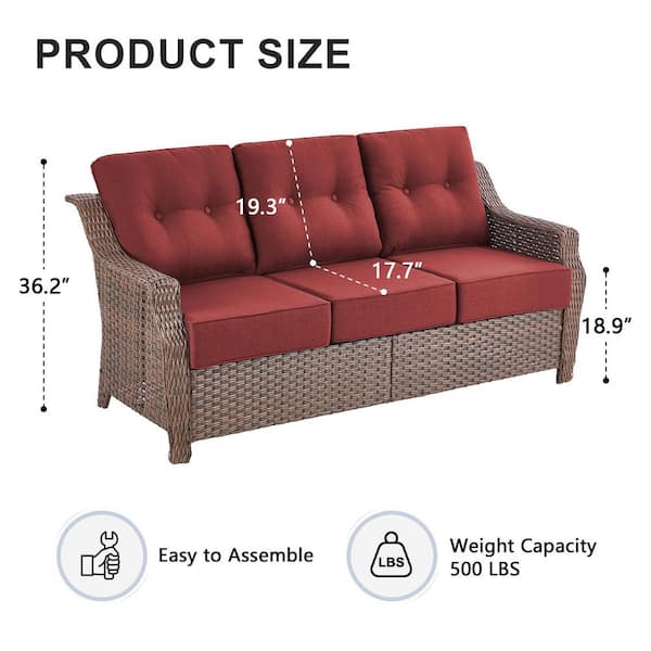 Round Side Series 3 Seat Wicker Outdoor Patio Sofa Couch with Deep Seating and Red Cushions