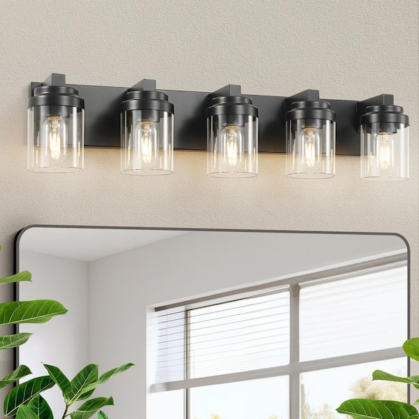 31 in. Modern 5-Light Black Vanity Light Over Mirror Bath Wall Lighting Fixtures with Clear Glass Shade