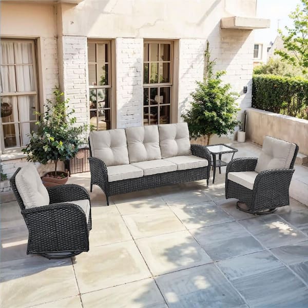 SleekArm 4-Piece Black Wicker Patio Conversation Set with Olefin Beige Cushion and Outdoor Swivel Glider Chairs