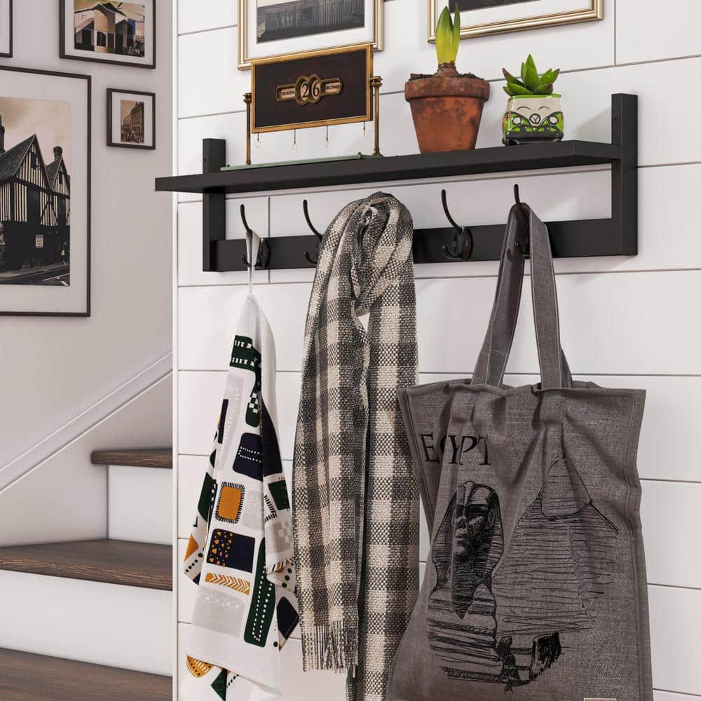 Black Wall-Mounted Shelf with 5 Dual Hooks