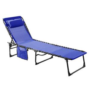 Outdoor Folding Chaise Lounge Chair Fully Flat for Beach with Pillow and Side Pocket in Dark Blue