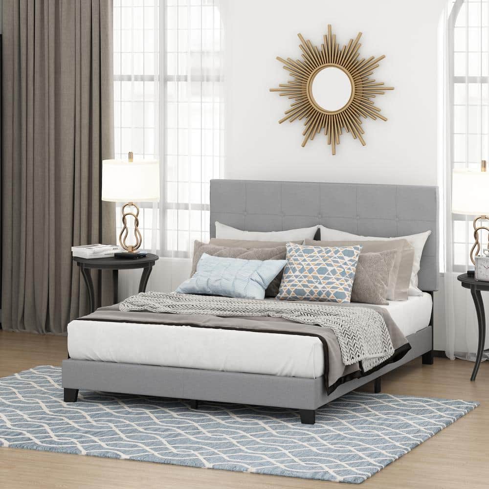 Queen Glacier Linen Upholstered Tufted Platform Bed Frame