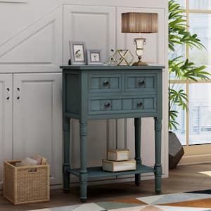 Narrow 23 in. Navy Rectangle Wood Console Table with Bottom Shelf Sofa Table with Drawers for Entryway Hallway