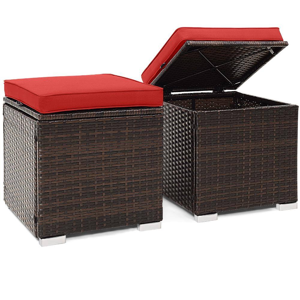Set of 2 16 in. PE Rattan Outdoor Storage Ottomans with Cushions, Red