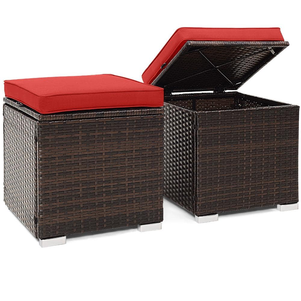 Hidden Storage Patio Ottoman Set of 2 with 350 lb. Cap. Elastic Rope Cushion Anchoring and PE Rattan