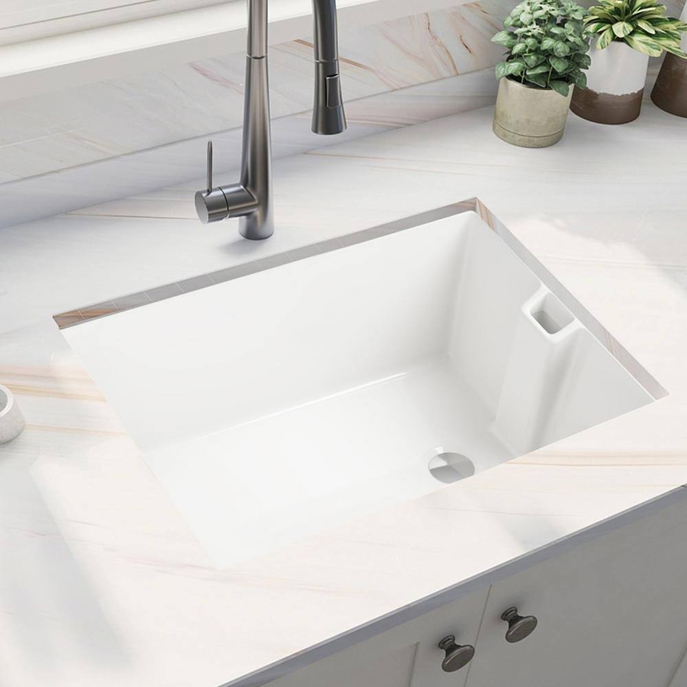 23.6" White Gloss Ceramic Undermount Single Bowl Kitchen Sink