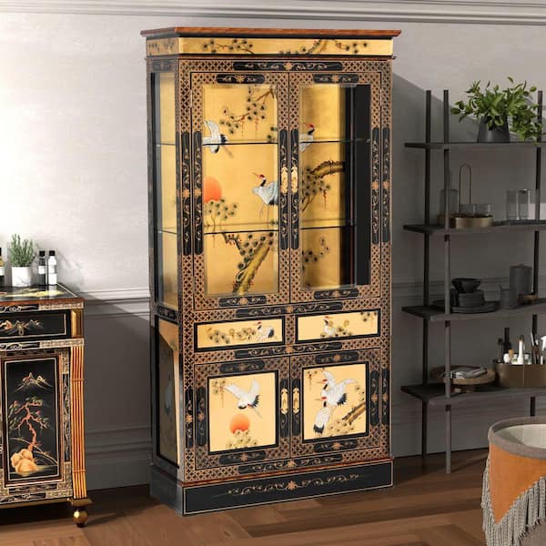 Gold Lacquer Cranes 37.5 in. Display Cabinet with Adjustable Glass Shelves
