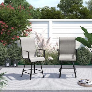 2-Piece Metal Outdoor Dining Chairs Swivel Barstool with Gray Cushions