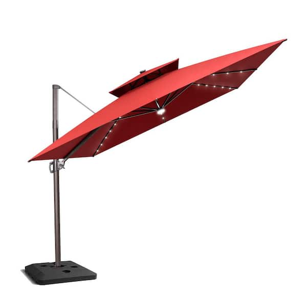 Double Top 11.5 ft. 360° Rotation Cantilever Patio Umbrella with LED Lights in Red, 240 lbs. Modern HDPE Square Base