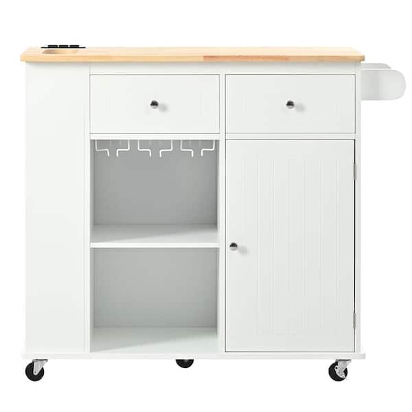 Adrinfly White Wood 40 in. Kitchen Island with Power Outlet, Drop Leaf, 5 Wheels,Drawers,Storage and Wine Rack for Home, Kitchen