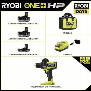 ONE+ 18V Lithium-Ion 2.0 Ah, 4.0 Ah, and 6.0 Ah HIGH PERFORMANCE Batteries and Charger Kit w/ HP Brushless Hammer Drill
