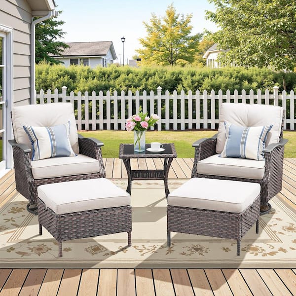 Buenaola Nyajiah 5-Piece Wicker Patio Conversation Set with Beige Cushions, 2 Swivel Chairs, 2 Ottomans, 1 Side Table