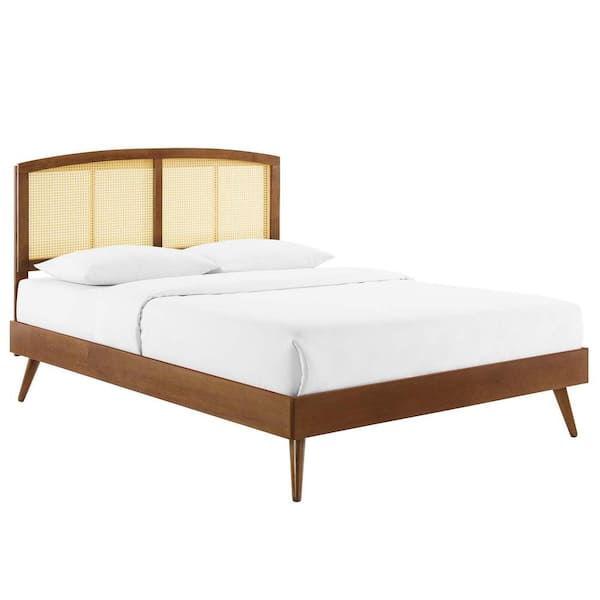 MODWAY Sierra Brown Walnut Cane and Wood King Platform Bed with Splayed Legs