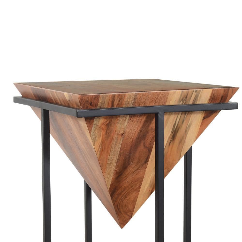 30-Inch Brown Acacia Wood Side Table with Black Metal Cross Base