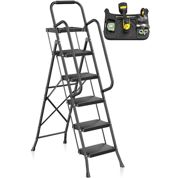 5-Step Ladder, 350 lbs. Portable Folding Ladders for Home with Handrails and Tool Tray and Anti-Slip Pedal, Black