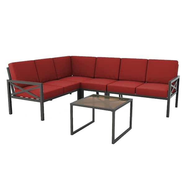 Leisure Made Blakely Black 5-Piece Aluminum Outdoor Sectional with Red Cushions