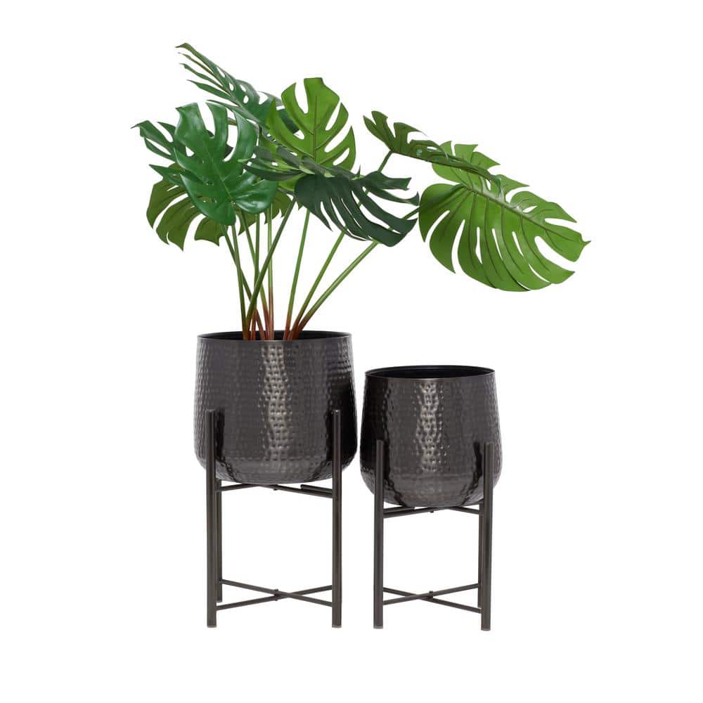 Large Black Metal Planter with Removable Stand, Set of 2