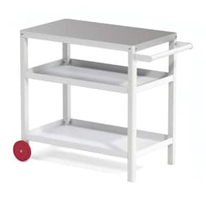 White Outdoor Grill Carts Prep Cart Dining Table Steel Tabletop with Side Rack, 2 Shelves and 2 Wheels