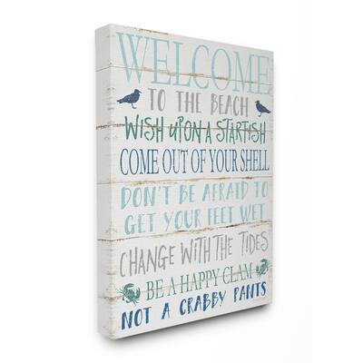 36 in. x 48 in. "Welcome to the Beach Blue Aqua and White Planked Look Sign Super Canvas Wall Art" by Jennifer Pugh