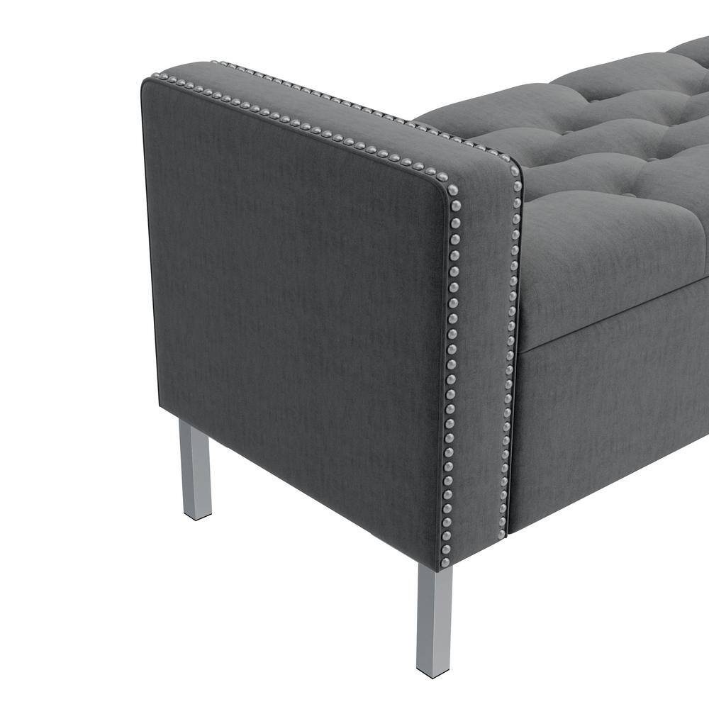Charcoal Gray Velvet Tufted Storage Ottoman with Square Arms and Pewter Nailhead Trim
