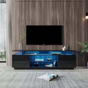 70.87 in. Black Wood TV Stand Cabinet Table Fits TV's up to 80 in. With 16-Color LED Light and 4-kinds of Discoloration