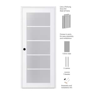 Paola 32 in. x 80 in. Right-Handed 5-Lite Frosted Glass Solid Core Bianco Noble Wood Single Prehung Interior Door