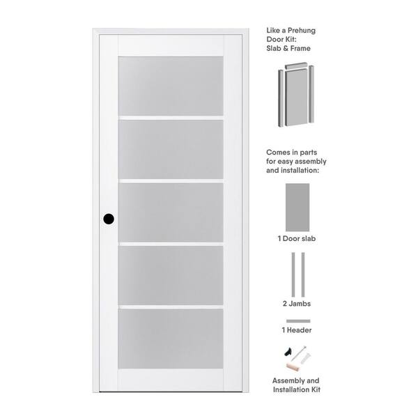 Belldinni 28 in. x 96 in. Right-Hand Solid Core 5-Lite Frosted Glass Bianco Noble Wood Composite Single Prehung Interior Door