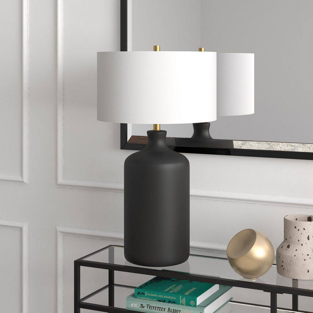 Matte Black Ceramic Nightstand Lamp with White Drum Shade