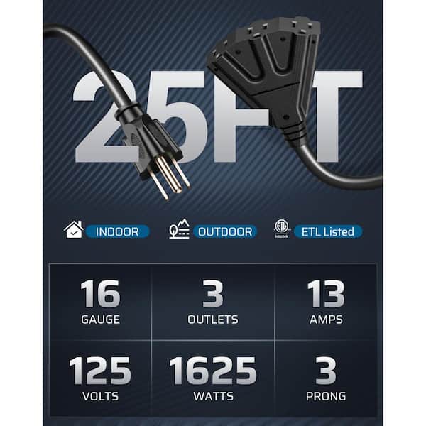 25 ft. 16/3 Heavy Duty SJTW Indoor/Outdoor Extension Cord with Tri-Tap Power Cable, Black (2-Pack)