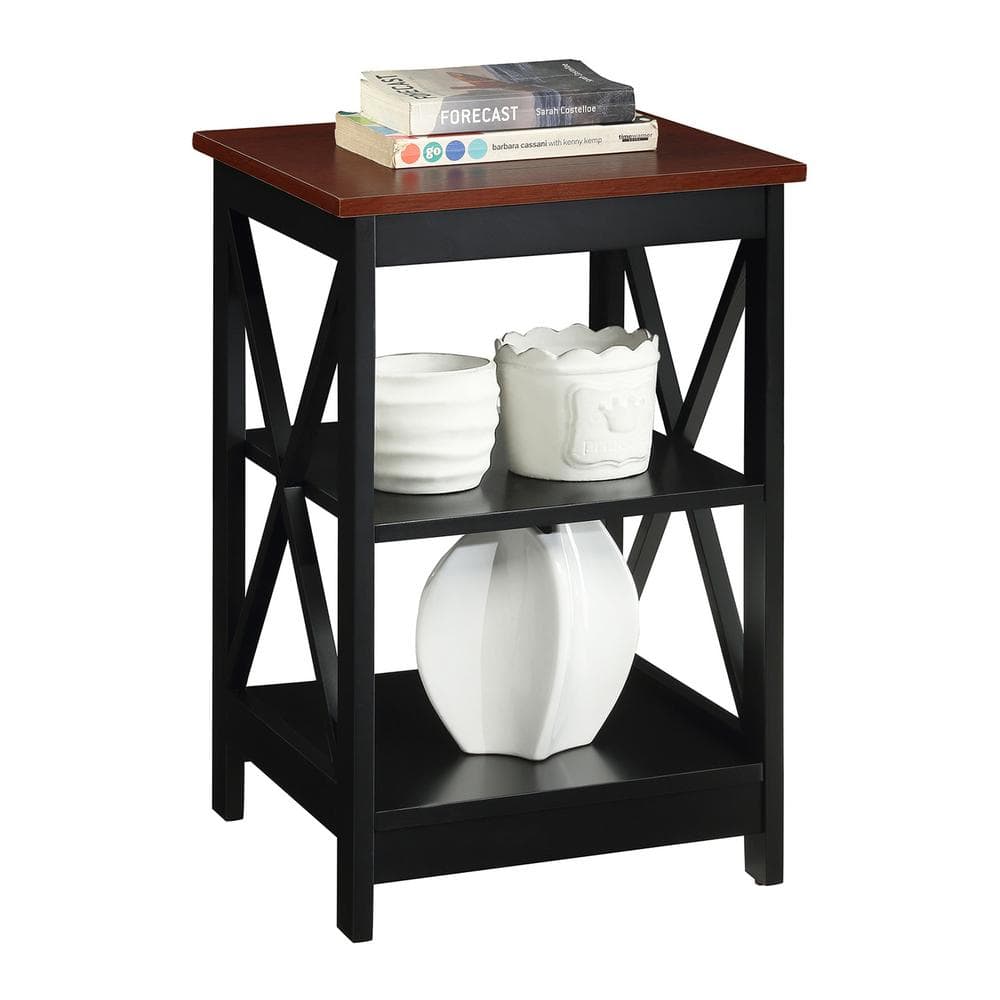 Cherry and Black Square Wood End Table with Shelves