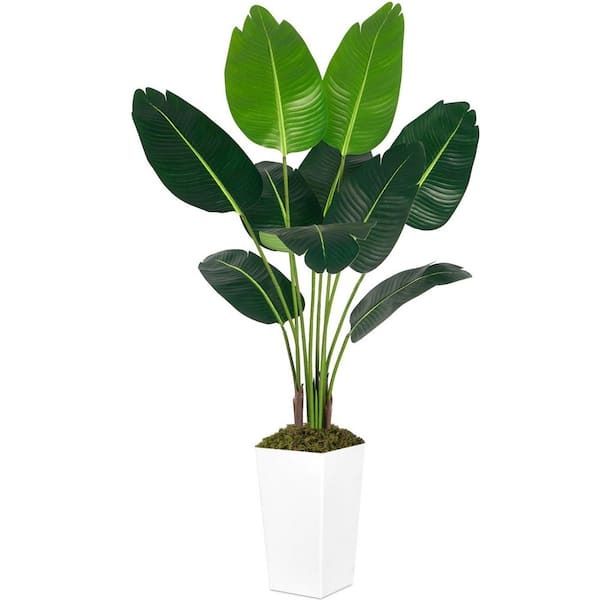 Unbranded 5 ft. Bird of Paradise Artificial Plant with Large White Planter 60 in. Fake Plants Areca Palm Tree Banana Leaf Plant