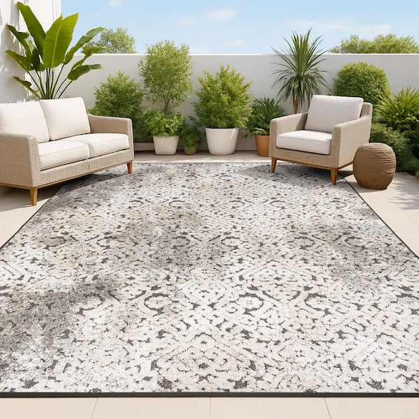 Duenas High-Low Shabby Damask Cream/Beige/Dark Gray 8 ft. x 10 ft. Indoor/Outdoor Area Rug