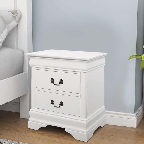 Benjara White and Brass 2-Drawer 22 in. Wooden Nightstand