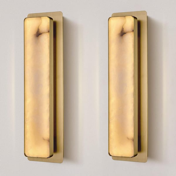 20 in. 1-Light 2-Piece Gold LED Wall Sconce, Natural Alabaster Modern Wall Light for Bedroom, Bathroom, Living Room