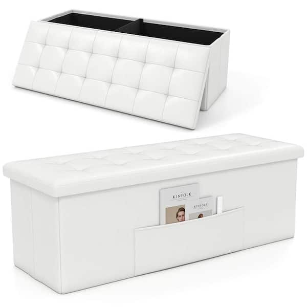 White 45 in. x 15 in. x 15 in. Large Folding Storage Faux Leather Ottoman Pouffe Box Stool