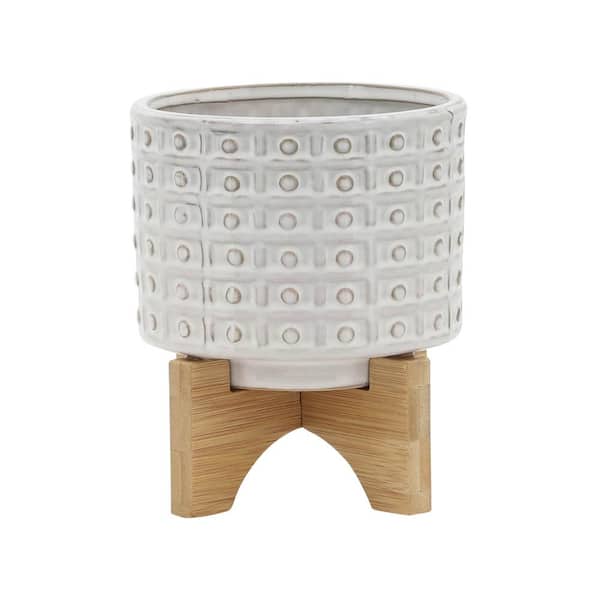 Liv & Skye 6 in. x 5 in. Ivory Ceramic Dotted Decorative Pot with Stand