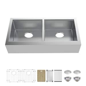 Professional Zero Radius 36 in. Apron-Front Double Bowl 16G Stainless Steel Workstation Kitchen Sink with Accessories