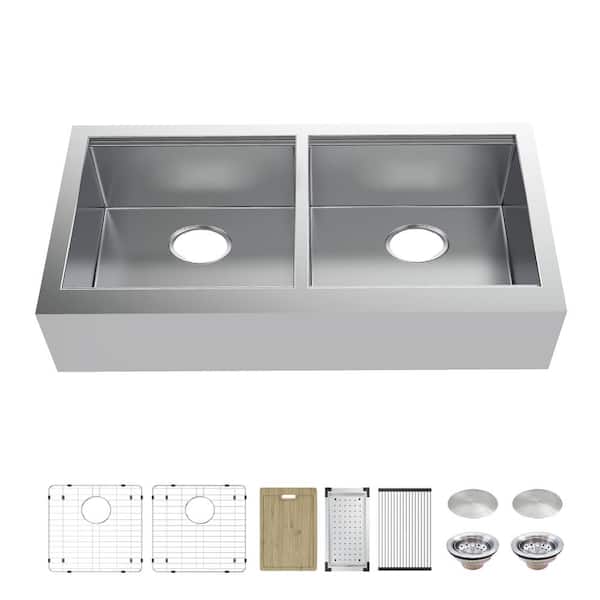Glacier Bay Professional Zero Radius 36 in. Apron-Front Double Bowl 16G Stainless Steel Workstation Kitchen Sink with Accessories