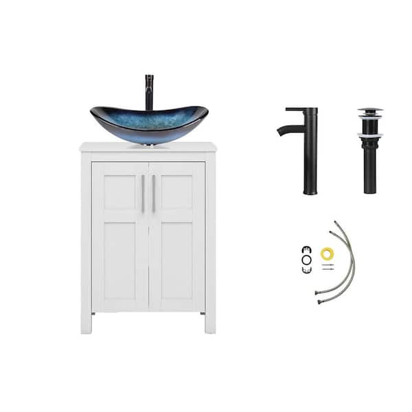 24 in. W x 18.1 in. D x 31.7 in. H Single Sink White Bath Vanity with White Solid Surface Top Blue Sink